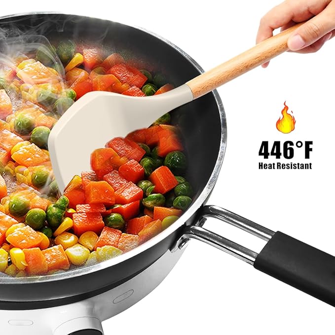 Silicone Cooking Utensils Set - 446°F Heat Resistant Silicone Kitchen Utensils for Cooking,Kitchen Utensil Spatula Set w Wooden Handles and Holder, BPA FREE Gadgets for Non-Stick Cookware (Khaki)-Ruum Studio Home