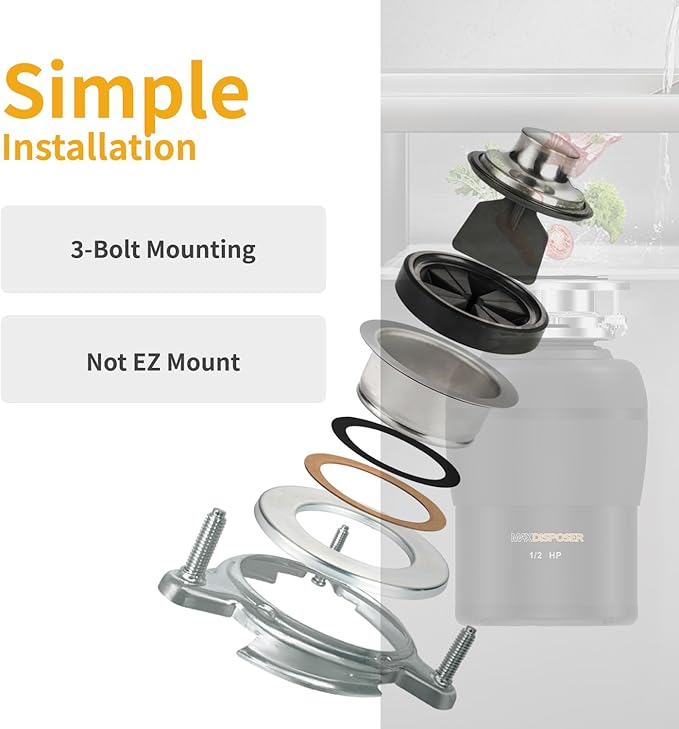 Garbage Disposal 1/2 HP Easy install Quiet with Stopper Power Cord, Kitchen sink Food Waste Disposer Continuous Feed, Stainless Steel Grind Half Horsepower AC Motor Unit (MAX-3)-Ruum Studio Home
