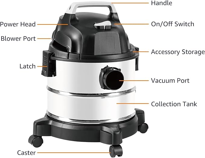 Amazon Basics Wet Dry Vacuum Cleaner, 4 gallon Shop, 3 HP Stainless Steel, Grey/Black-Ruum Studio Home