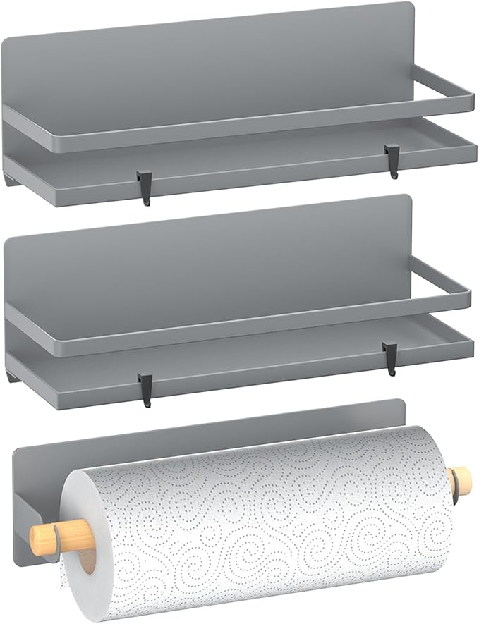 Magnetic Spice Rack Moveable Magnetic Shelf Organizer with Paper Towel Holder Kitchen Refrigerator Seasoning Storage Rack Fridge Magnet Organizer,Grey,3 Packs-Ruum Studio Home