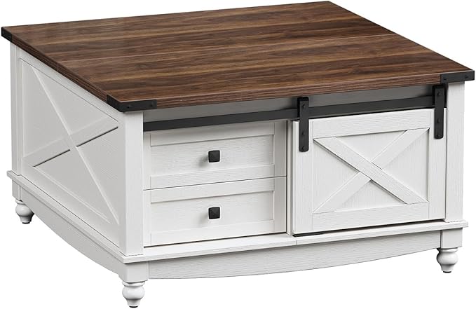 31.5" Lift Top Coffee Table with Storage, Farmhouse Coffee Tables for Living Room, Square Coffee Table with Large Hidden Storage Compartment, 2 Drawers & Removable Shelves, White-Ruum Studio Home