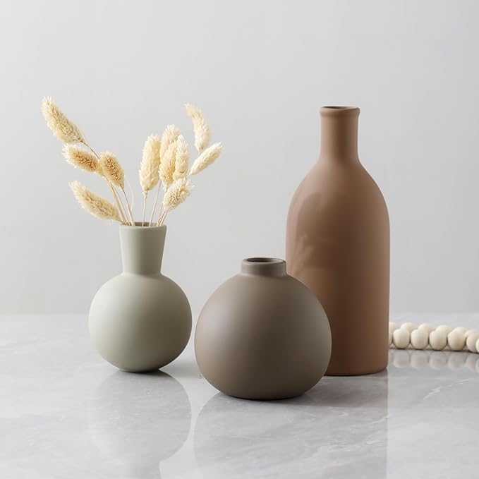 Ceramic Vase Set of 3, Vases Home Decor Rustic Farmhouse Decorative Vase Pottery Vases for Bouquet Pampas Grass Dried Fresh Flowers, Table Living Room Kitchen Bedroom Bathroom - Brown-Ruum Studio Home