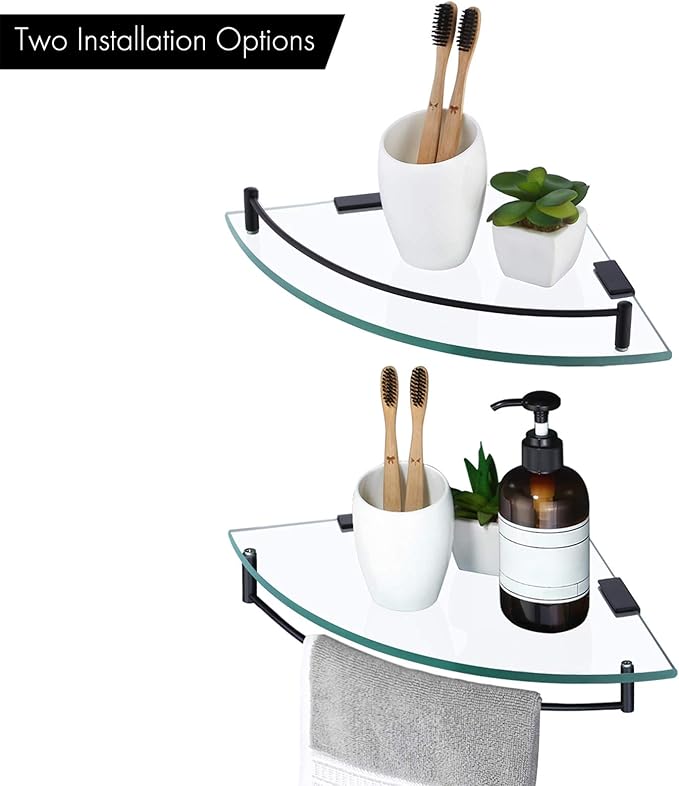 KES Bathroom Glass Corner Shelf Tempered Glass Shelf with Rail Wall Mount Corner Shelf SUS 304 Stainless Steel Matte Black 2 Pack, BGS2101A-BK-P2-Ruum Studio Home