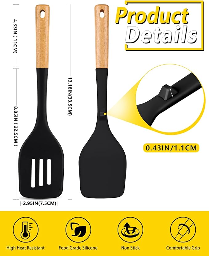 Pack of 2 Large Silicone Spatula, Heat Resistant Solid Turner, Non Stick Slotted Spatulas with Wooden Handle, Ideal Kitchen Utensils for Flipping, Pancakes, Eggs, Fish(BLACK)-Ruum Studio Home