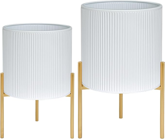 ARNIS Modern Plant Pots, Set of 2 Round Large Planters with Stand, Large Size Metal Pots with Drainage Holes for Living Room, Office, Garden or Balcony, 10.5 &12.25 Inch, White & Gold-Ruum Studio Home