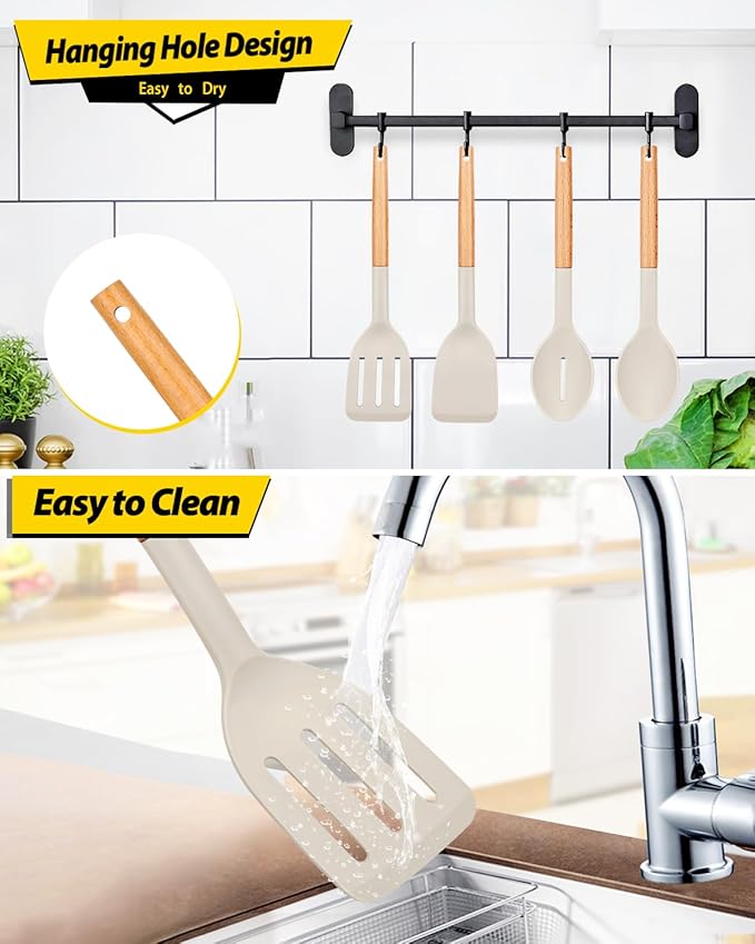 Pack of 4 Silicone Cooking Utensils Set, Non Stick Solid Spatulas and Heat Resistant Slotted Spoons with Wooden Handle, Ideal Wood Kitchen Utensils Set for Frying,Serving,Turning,Stirring (KHAKI)-Ruum Studio Home