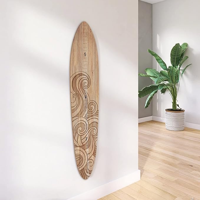 Wooden Surfboard Wall Decor Growth Chart - Surfboard Art Decor for Kids Room, Wood Surfboard Kids Sizing Chart, Surf Boards Art, Height Board Surfer Decor - Brown Wave (9.5"x 46")-Ruum Studio Home