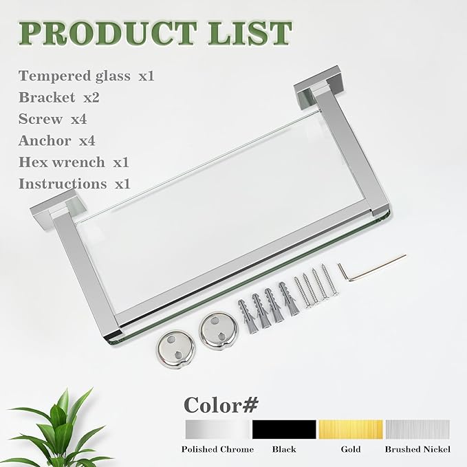 Alise Glass Shelves for Bathroom Wall, Tempered Glass Bathroom Shelf Wall Mounted, Modern Space Saving Floating Shelves 12 inch, Polished Chrome-Ruum Studio Home
