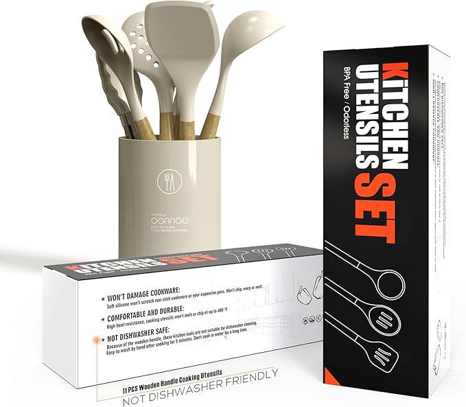 Silicone Cooking Utensils Set - 446°F Heat Resistant Silicone Kitchen Utensils for Cooking,Kitchen Utensil Spatula Set w Wooden Handles and Holder, BPA FREE Gadgets for Non-Stick Cookware (Khaki)-Ruum Studio Home