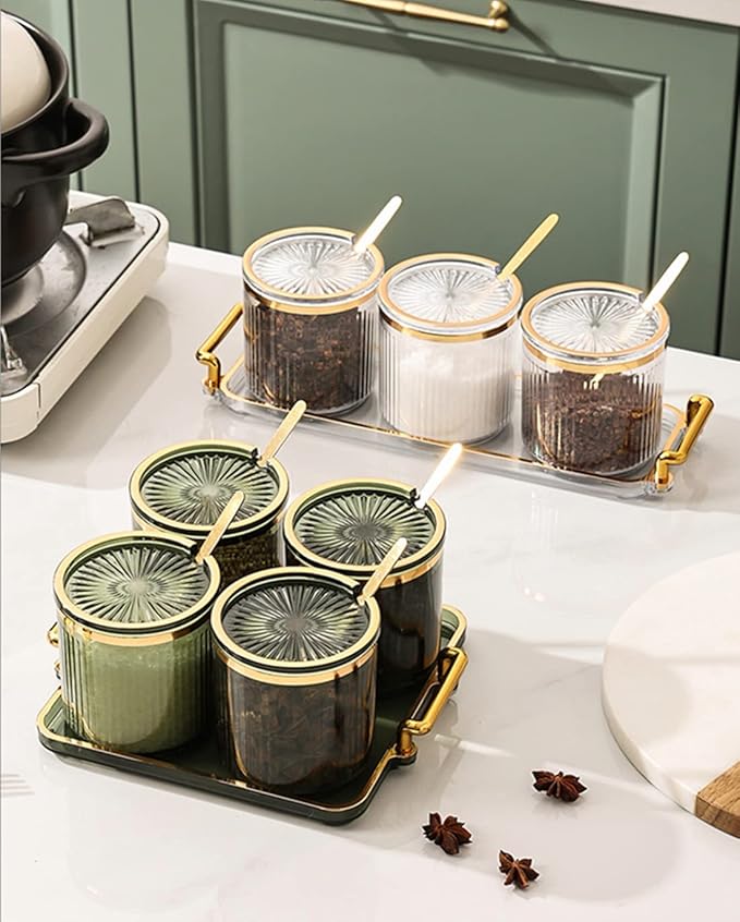 Acrylic Condiment Spice Jars,Condiment Spice Box With Lids and Spoons and Tray,Clear Plastic Condiment Canisters,Seasoning Box 4 Pack,Seasoning Box Set for Kitchen to Storage Salt,Paprika,Sugar-Ruum Studio Home