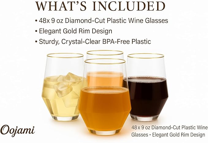 48 Pack Diamond Unbreakable Stemless Plastic Wine Stemless Toasting coacktail Glasses, Durable 9 Oz BPA-Free Disposable Champagne Flutes for Weddings, Bars, Events, and Celebrations (Diamond Gold Rim)-Ruum Studio Home