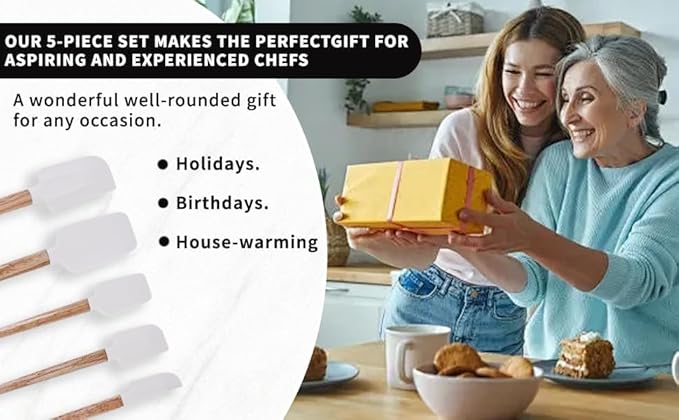 Ptanexx Wooden Handle Silicone Spatula Set 5 Piece, Batter Mixing Spatula, Spatula for Cooking, Jars, Baking, Mixing, Frosting-Ruum Studio Home