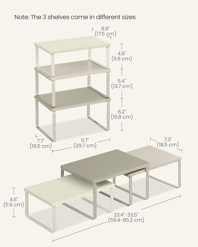 SONGMICS Cabinet Organizer Shelf, Set of 3 Kitchen Counter Shelves, Kitchen Storage, Spice Rack, Stackable, Expandable, Sand Beige UKCS220K01-Ruum Studio Home