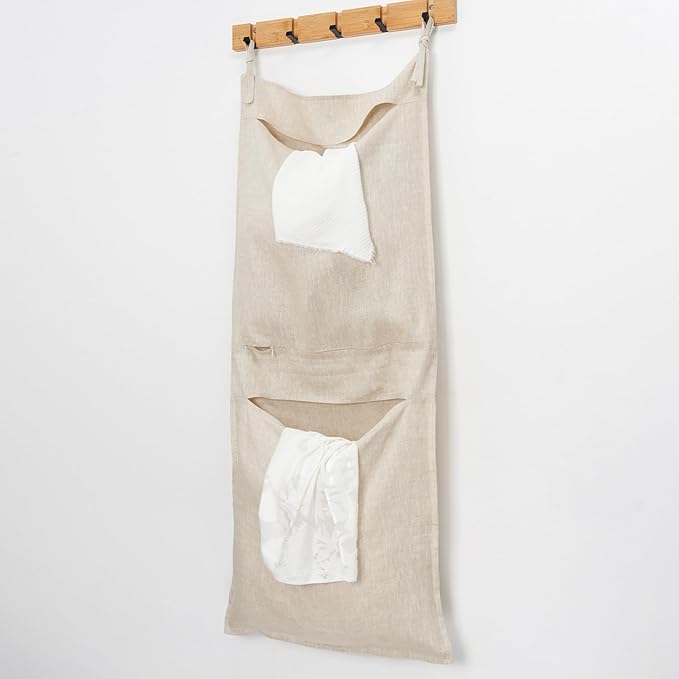 100% Linen Hanging Laundry Bag with 2 Compartments, Over the Door Laundry Hamper, Dirty Clothes Space Saving Organizer 19.7 x 47 Inches, Linen-Ruum Studio Home