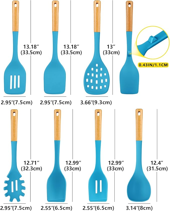 Silicone Kitchen Utensil Set for Non Stick Cookware, 7 Pcs Heat Resistant Cooking Utensils with Wooden Handle, BPA Free Kitchen Tools with Spatulas, Spoons, Skimmer and Pasta Fork (BLUE)-Ruum Studio Home