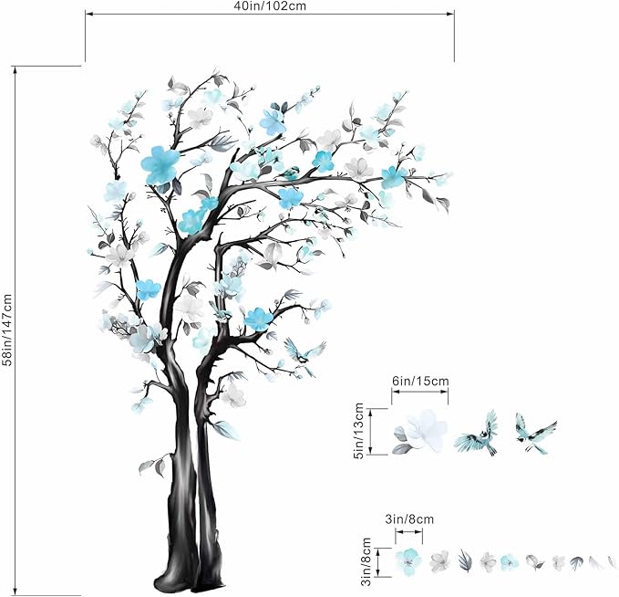 Large Watercolor Tree Wall Decals - Flower Tree Branch Wall Stickers - Bedroom Living Room Sofa TV Background Home Wall Decor