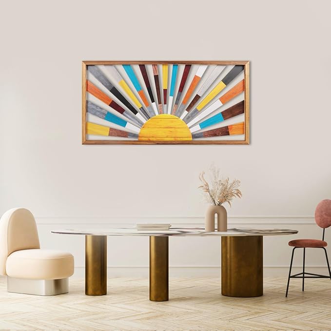 IARTTOP Large Boho Sun Wall Art Framed Wooden Art Wall Decor Rainbow Sun Rising On The Horizon Geometric Line Sunshine Wall Art for Living Room Bedroom Office 16"x32"-Ruum Studio Home