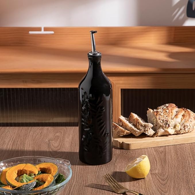 Sweejar Large Olive Oil Dispenser Bottle with Spout, 24 Oz Ceramic Oil Dispenser for Kitchen, Relief Opaque Oil Cruet, Oil Container for Cooking, EVOO, Avocado Oil, Vinegar, Pack of 1(Black)-Ruum Studio Home
