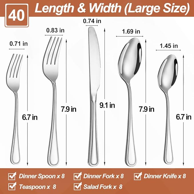 40 Pcs Silverware Set for 8 with Simple Striped Handle Design, Food Grade Stainless Steel Flatware Set, Eating Utensils Sets Include Fork/Knife/Spoon, Reusable Cutlery Set, Dishwasher Safe-Ruum Studio Home