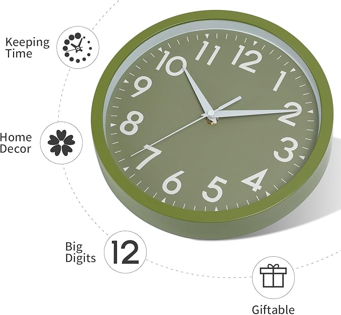 Wall Clock Analog 10 Inch Simple Silent Non Ticking Battery Operated Modern Decorative for Kitchen Office Bedroom Bathroom Living Room(Olive Green)-Ruum Studio Home