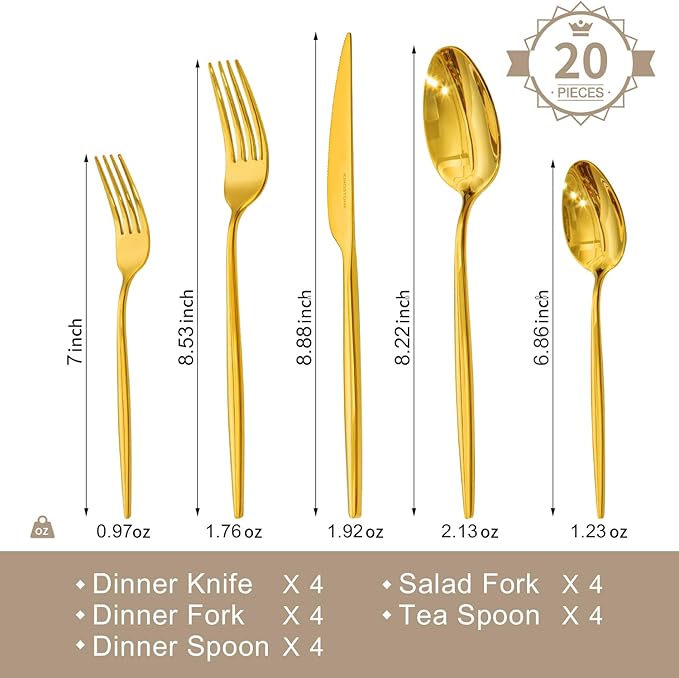KINGSTONE Silverware Set, 20-Piece Flatware Set Cutlery Set Premium 18/10 Stainless Steel, Tableware Include Forks Knives Spoons for Home Kitchen Restaurant Wedding, Dishwasher Safe, Gold-Ruum Studio Home