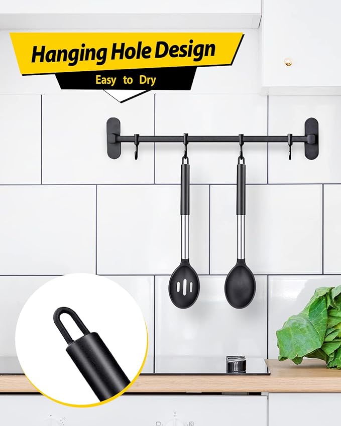 Pack of 2 Large Silicone Cooking Spoons,Non Stick Solid Basting Spoon,Heat-Resistant Kitchen Utensils for Mixing,Serving,Draining,Stirring (BLACK)-Ruum Studio Home