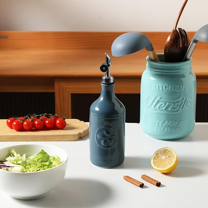 Sweejar 16 Oz Ceramic Olive Oil Dispenser Bottle, Oil Dispenser for Kitchen with Gravity Spout, Relief Opaque Vinegar Container for Evoo, Soy Sauce, 1 Pack(Fog Blue, Silver Spout)-Ruum Studio Home