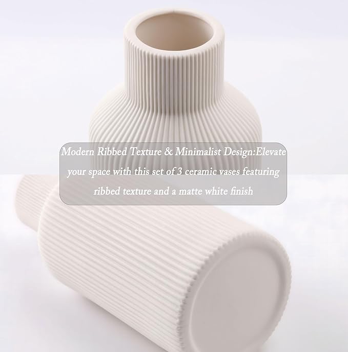 Ceramic Vase Set of 3, Decorative Vases Home Decor Modern Minimalist Pottery Vases for Bouquet Pampas Grass Dried Fresh Flowers, Bookshelf, Living Room, Shelf, Bedroom, Entryway Mantel Decor-White-Ruum Studio Home