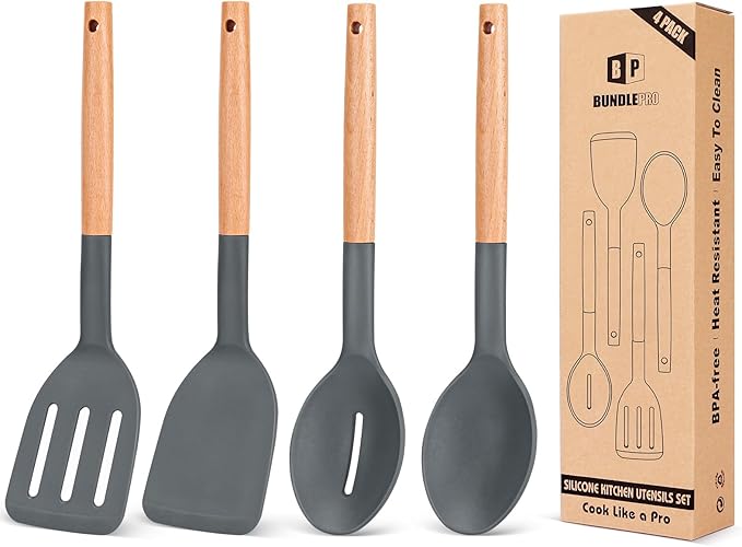 Pack of 4 Silicone Cooking Utensils Set, Non Stick Solid Spatulas and Heat Resistant Slotted Spoons with Wooden Handle, Ideal Wood Kitchen Utensils Set for Frying,Serving,Turning,Stirring (GRAY)-Ruum Studio Home