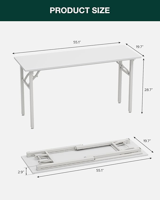 Frylr Small Folding Computer Desk β Portable 55.1 Inch Foldable Laptop Table, Collapsible and Compact for Easy Storage and Fast Setup, Lightweight for Small Spaces, Craft and Study Use, White
