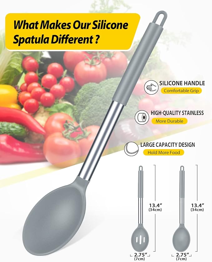 Pack of 2 Large Silicone Cooking Spoons,Non Stick Solid Basting Spoon,Heat-Resistant Kitchen Utensils for Mixing,Serving,Draining,Stirring (GREY)-Ruum Studio Home