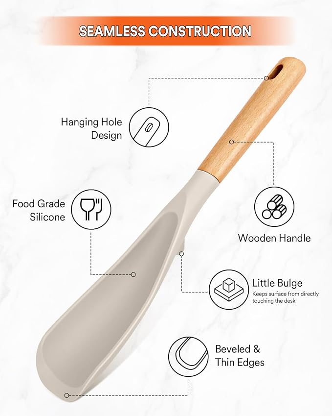 Cooking Spoon for Nonstick Cookwares, Great for Cooking and Serving Sturdy BPA-Free Matte Silicone, Wood Handle Spoon for Mixing, Scoop, and Scrape (2 Pack of Khaki, 11.4 inch)-Ruum Studio Home