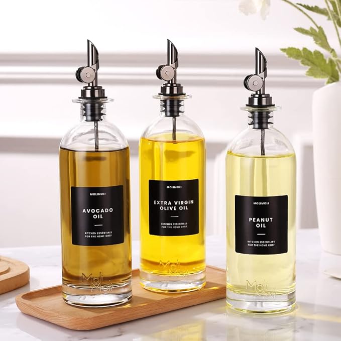 Molimoli Oil and Vinegar Dispenser with Metal Pour Spout, Weighted Pourer, Glass Bottle Dispenser for Kitchen, Olive Oil Cruet, Glass Olive Oil Bottle | 500ml, Set of 2-Ruum Studio Home
