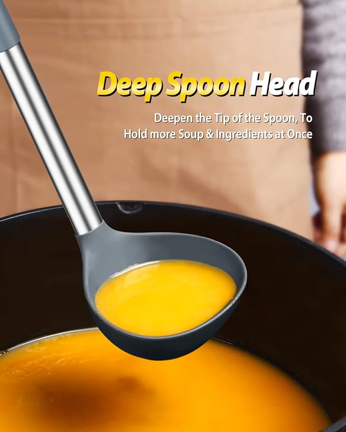 Silicone Pasta Fork and Ladle Spoon Set, Large Non Stick Kitchen Utensils for Cooking,Stirring,Serving Spaghetti, Soup, Sauce (GRAY)-Ruum Studio Home