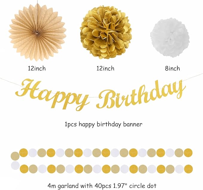 White-Gold Champagne Birthday Party-Decorations Paper-Flowers - 14pcs Happy Banner Engagement Honeycomb Tissue Pom Poms,Women Streamers Garland Beige Fans,21st 18th Girl Hanging Supplies Decor Hugfond-Ruum Studio Home
