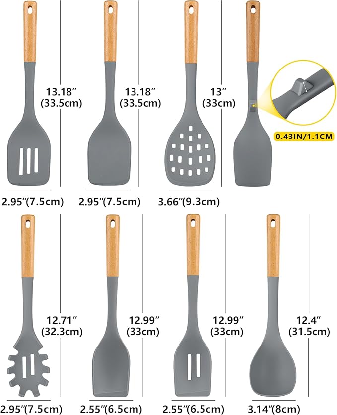 Silicone Kitchen Utensil Set for Non Stick Cookware, 7 Pcs Heat Resistant Cooking Utensils with Wooden Handle, BPA Free Kitchen Tools with Spatulas, Spoons, Skimmer and Pasta Fork (GRAY)-Ruum Studio Home