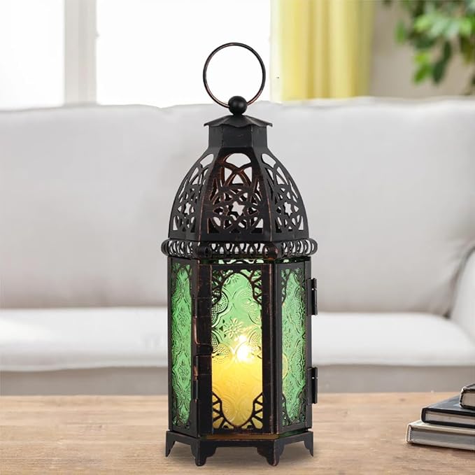 NEEDOMO Hanging Moroccan Lantern, 11'' Vintage Candle Holder, Metal Lanterns Decorative Indoor Outdoor, Table, Patio, Porch, Shelf, Gothic Home Decor (Green, Medium Size)-Ruum Studio Home