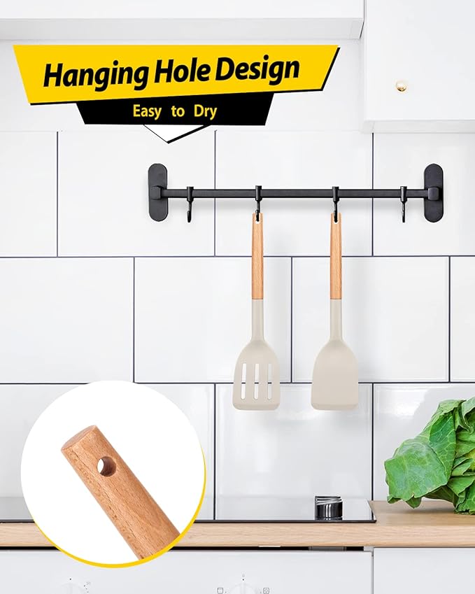 Pack of 2 Silicone Cooking Spatula, Heat Resistant Solid Turner, Non Stick Slotted Spatulas with Wooden Short Handle,Ideal Wood Kitchen Utensils Set for Frying, Baking, Flipping, Turning-Ruum Studio Home