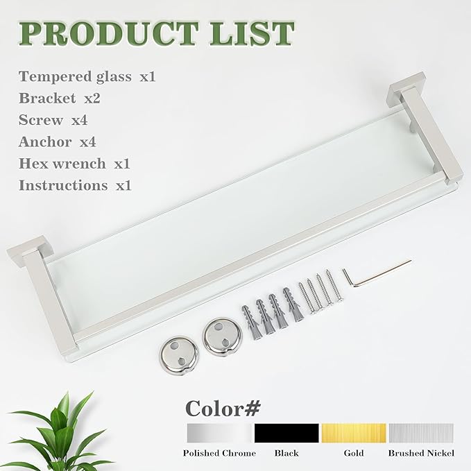 Alise Bathroom Shelves,Brushed Nickel Glass Shelf for Bathroom, Modern Floating Shelves,20 inch-Ruum Studio Home