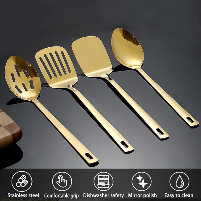Homquen Gold Kitchen Utensils Set 4pcs, Titanium Gold Plating Stainless Steel Cooking Utensils Set, Kitchen Tools Spatulas Set, Cooking Spoons, Home Essentials Kitchen Gadgets Accessories-Ruum Studio Home