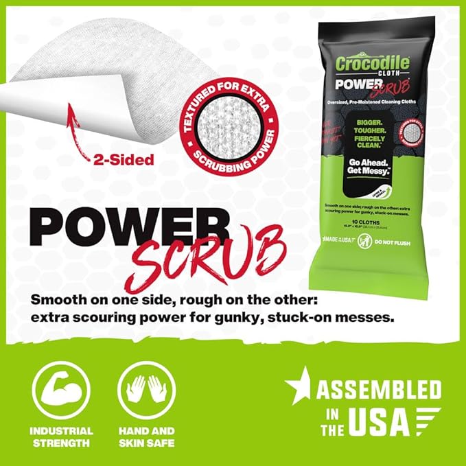 Crocodile Cloth PowerSCRUB Cleaning Wipes – 10 (15" x 10") Dual-Surface Cloths, Heavy-Duty, Moist, Absorbent, & Disposable - Safe on Skin & Multiple Surfaces-Ruum Studio Home