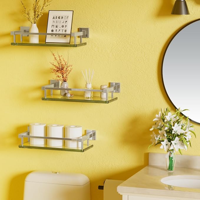 Alise Glass Shelves for Bathroom Wall, Tempered Glass Bathroom Shelf Wall Mounted, Modern Space Saving Floating Shelves 12 inch, Polished Chrome-Ruum Studio Home