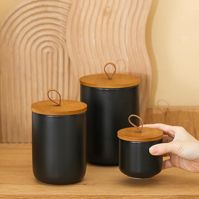 YYW Kitchen Canister Set for Countertop Set of 3, 9/28/45 oz Ceramic Food Storage Containers with Airtight Wood Lids, Food Saver Jars for Coffee, Tea, Candy, Flour(Three-piece suit in black)-Ruum Studio Home
