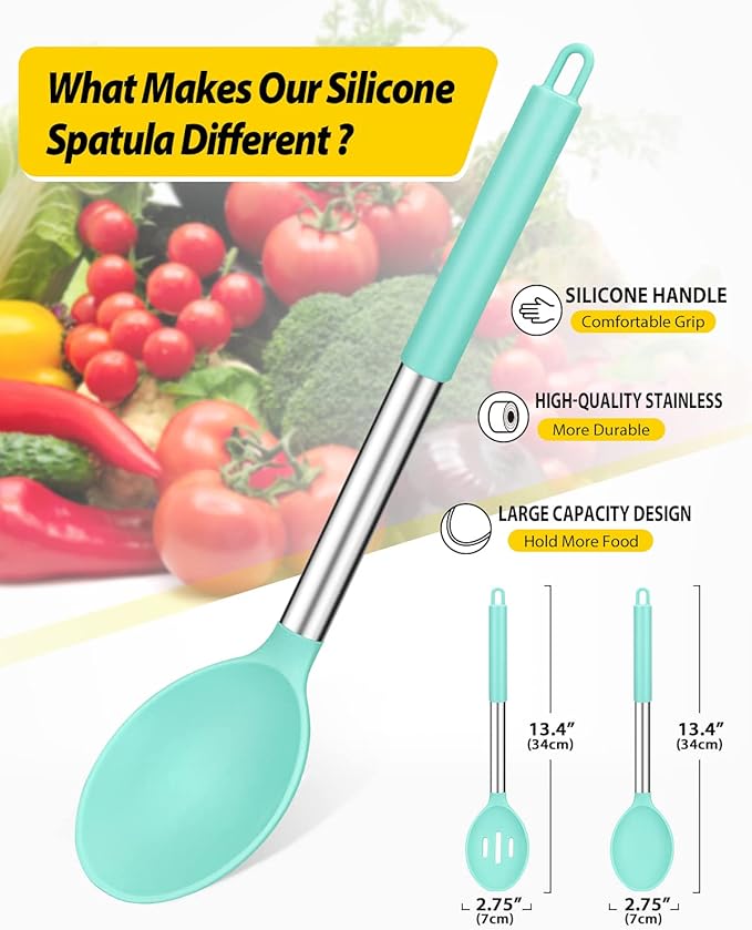 Pack of 2 Large Silicone Cooking Spoons,Non Stick Solid Basting Spoon,Heat-Resistant Kitchen Utensils for Mixing,Serving,Draining,Stirring (GREEN)-Ruum Studio Home