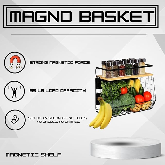 Magnetic Shelf For Fridge with Wood Lid - Fridge Magnet Organizer with 4 Hooks, Magnetic Basket for Fridge, Magnetic Storage for Refrigerator, Magnetic Spice Rack for Refrigerator-Ruum Studio Home