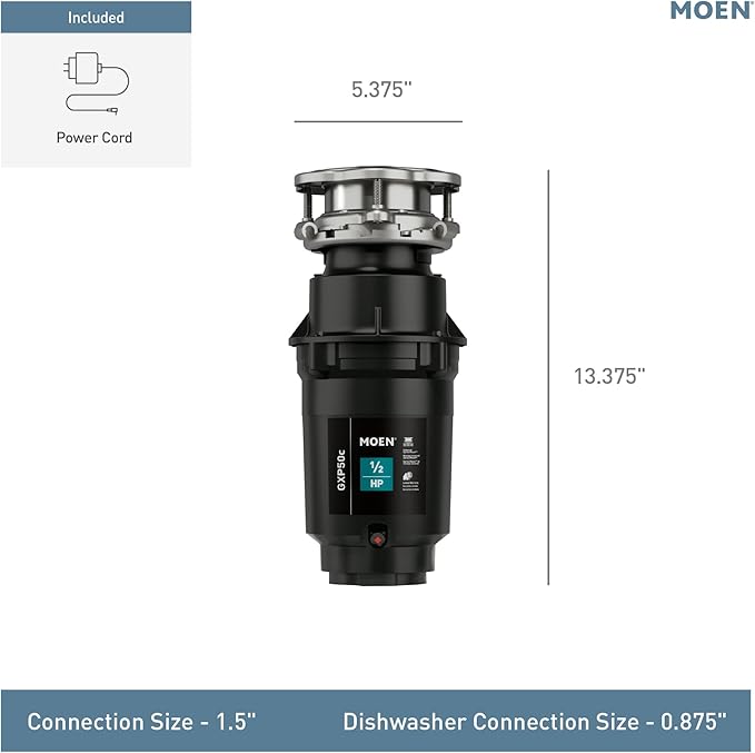 Moen Prep Series PRO Continuous Feed Compact Garbage Disposal for Kitchen Sink with Power Cord, GXP50C-Ruum Studio Home