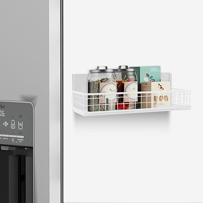 Magnetic Basket, Magnetic Shelf for Fridge, Magnetic Spice Rack for Refrigerator Wire Mesh Magnetic Organizer Holder Accessories for Office Kitchen Classroom Storage,White, 9.44" x 4" x 1.77"-Ruum Studio Home
