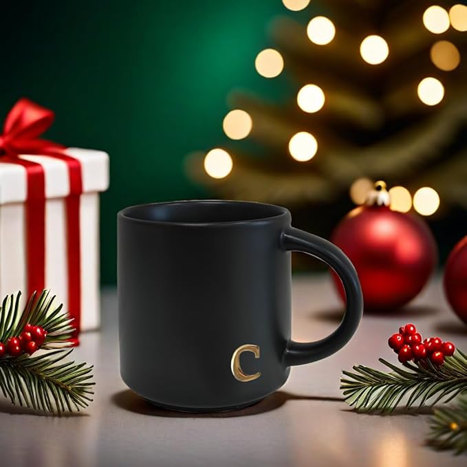 COLLECTIVE HOME - Black Monogram Ceramic Mugs, 15 oz Golden Initial Coffee Cups, Elegant Alphabet Tea Mugs, Personalized Halloween Mug with Gift Box, Perfect for Office and Home Décor (c)-Ruum Studio Home