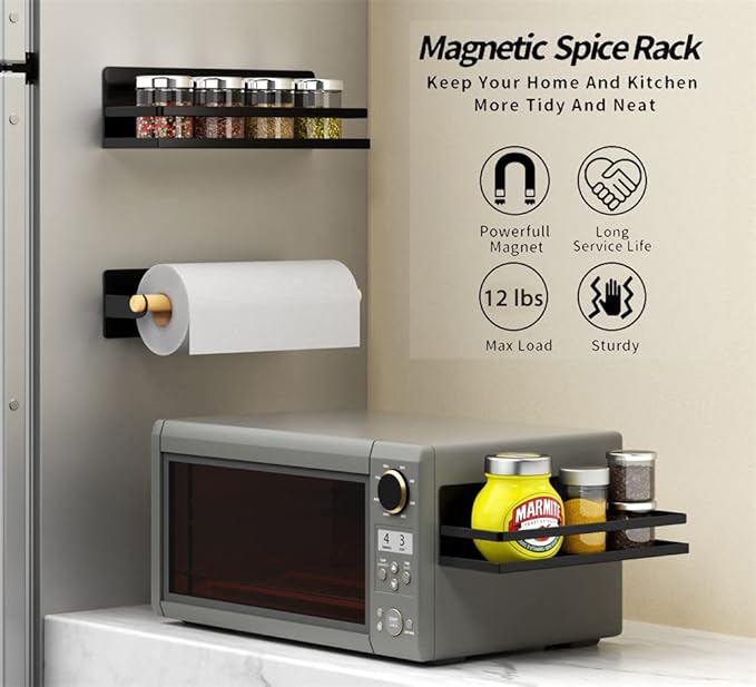 Magnetic Spice Rack Holder Paper Towel Holder with Hook for Refrigerator Fridge Organizer for Kitchen, Space Saver Container for Kitchen/Apartment, Drill Free, Black,3 Packs-Ruum Studio Home