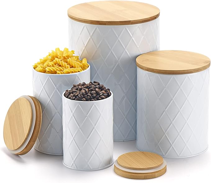 White Kitchen Canisters Set with Bamboo Lids, Airtight Sugar, Flour, Coffee, Cookie Storage Canister Sets for kitchen Countertop, Farmhouse kitchen decor, 4 Pack-Ruum Studio Home